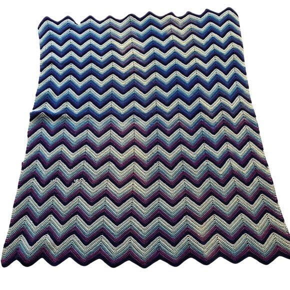 Handmade Large Chevron Crochet Blanket Afghan Purple Blue White Needs Repair - Picture 1 of 8